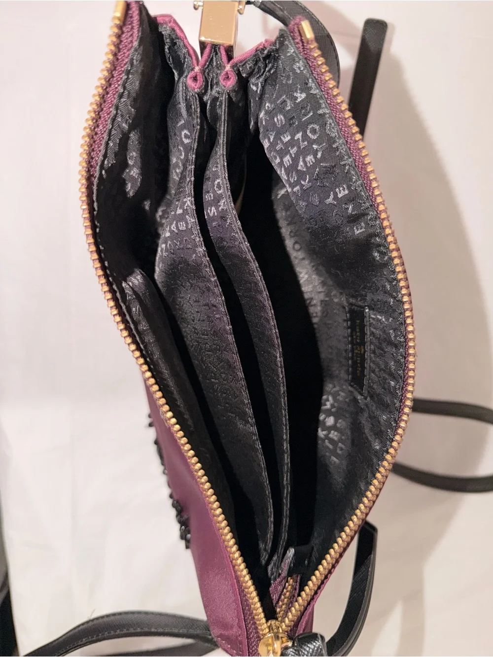 kate spade purple satin clutch with black beaded floral trim